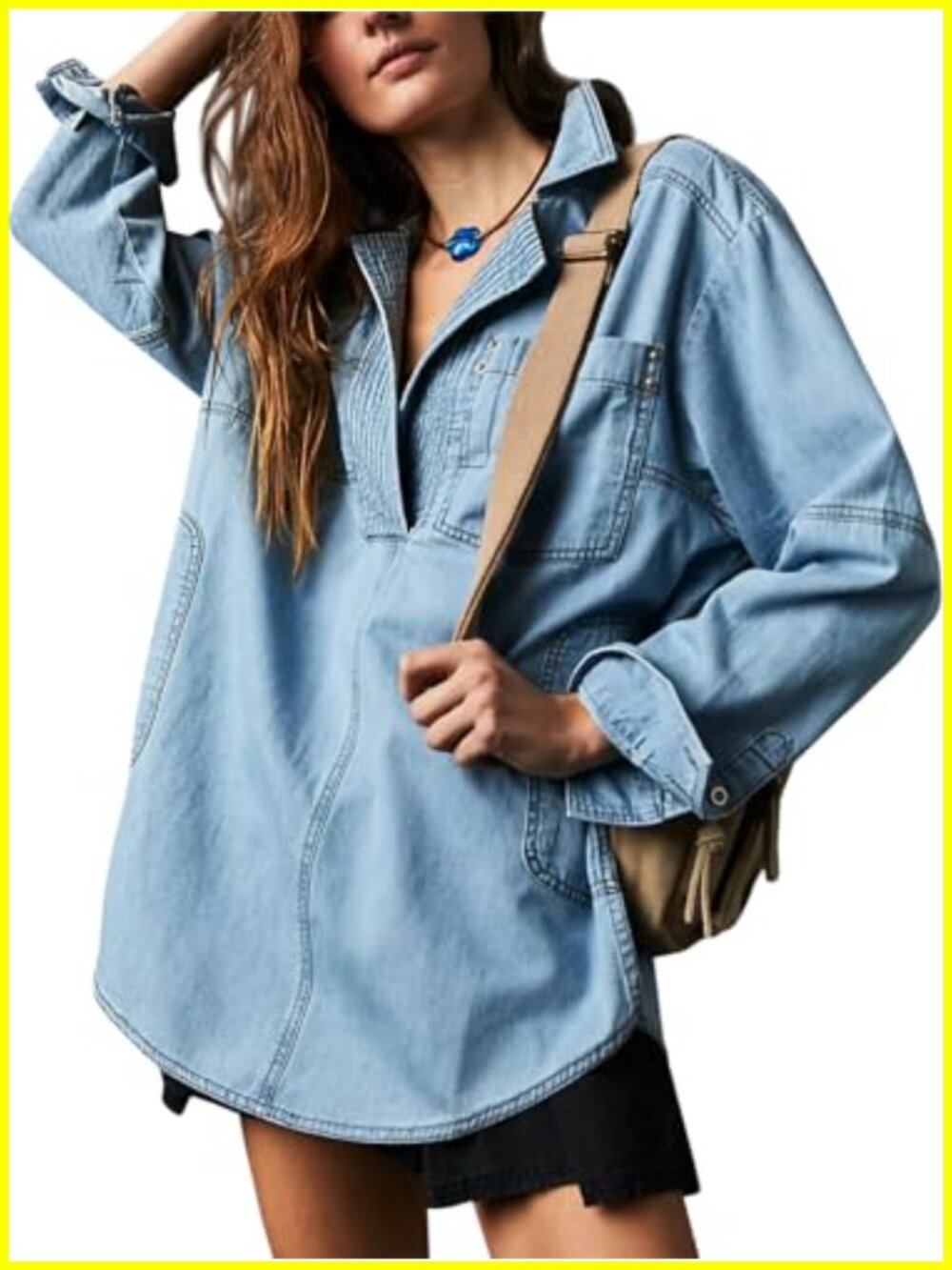 V-Neck Loose Fit Long Sleeve Denim Jacket with Pockets